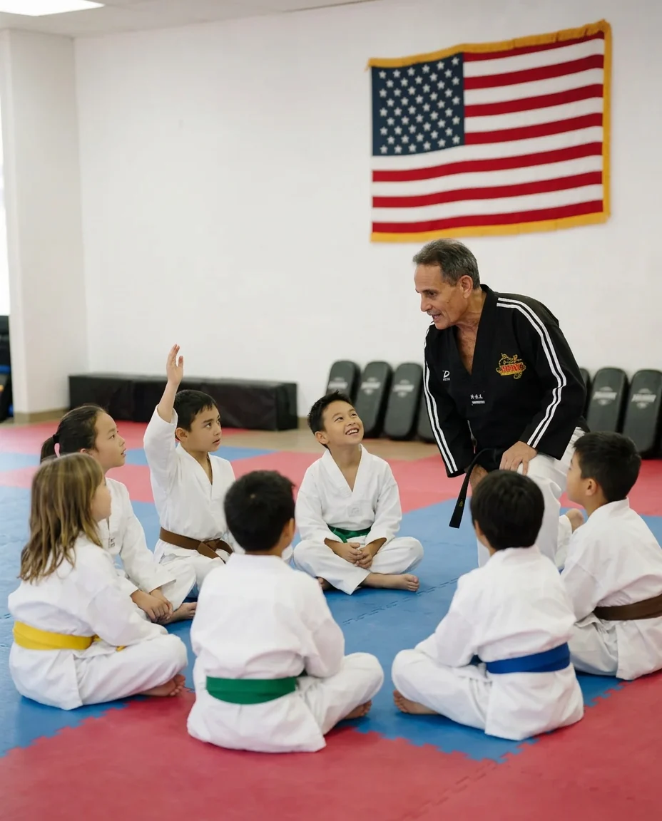 Master Jacobs leading a mat chat with kids in white uniforms at Jacobs Martial Arts Academy in Urbandale